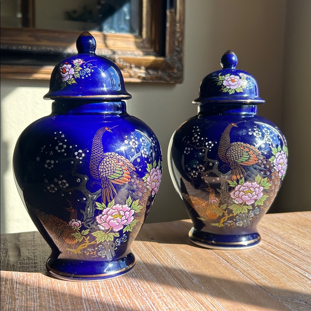 2 VTG Japanese Cobalt Blue Lidded Ginger Jar Floral & Peacock Gold Trim Japan.
